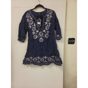 Riviera Sun Tunic Top Womens L Blue Embroidered Cotton Boho Hippie Festival